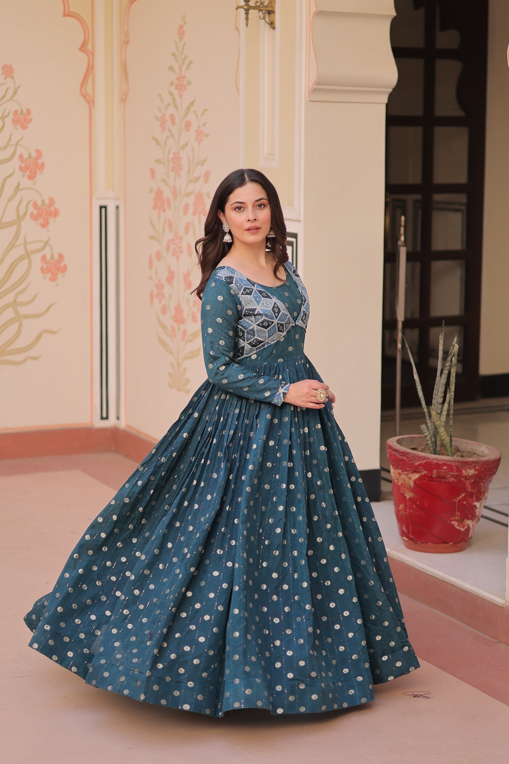 Prazu Fashion Rama Position Print Choli With Staple Jequard Weaving Work Gown | Grocsy