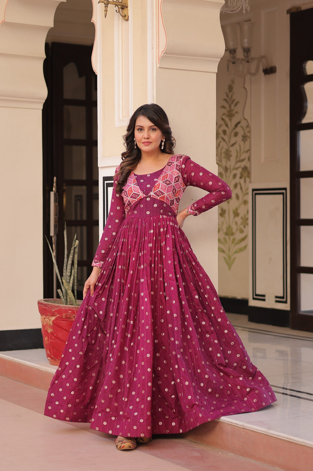 Prazu Fashion Wine Position Print Choli With Staple Jequard Weaving Work Gown | Grocsy