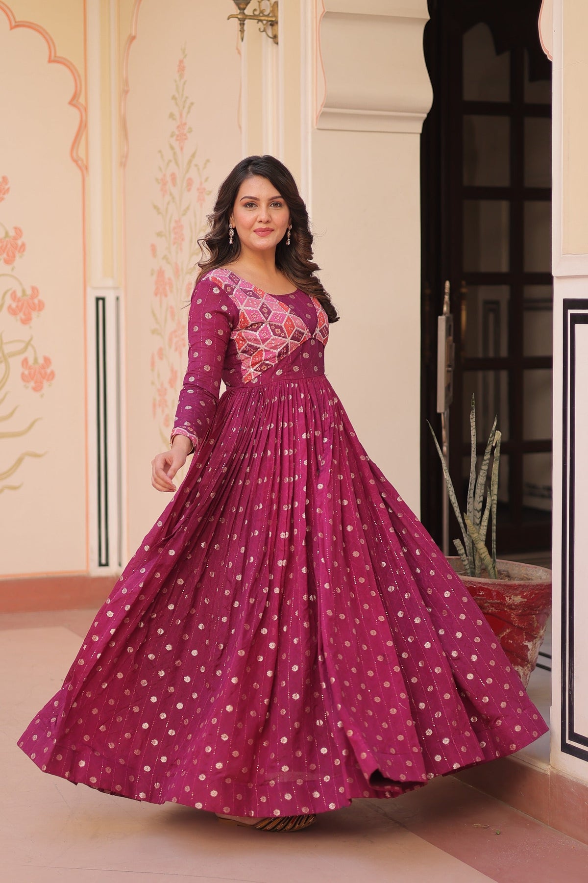 Prazu Fashion Wine Position Print Choli With Staple Jequard Weaving Work Gown | Grocsy