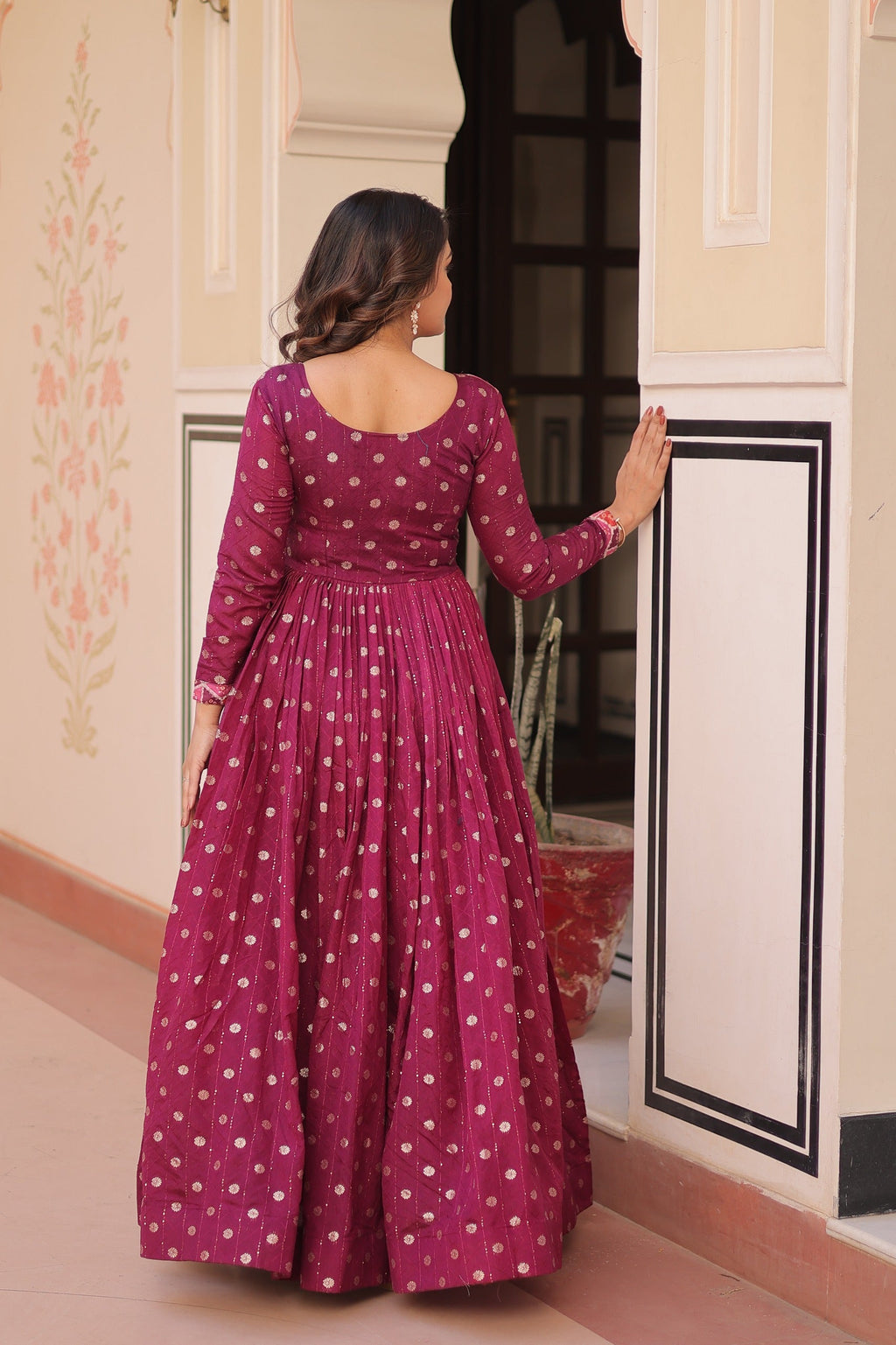 Prazu Fashion Wine Position Print Choli With Staple Jequard Weaving Work Gown | Grocsy