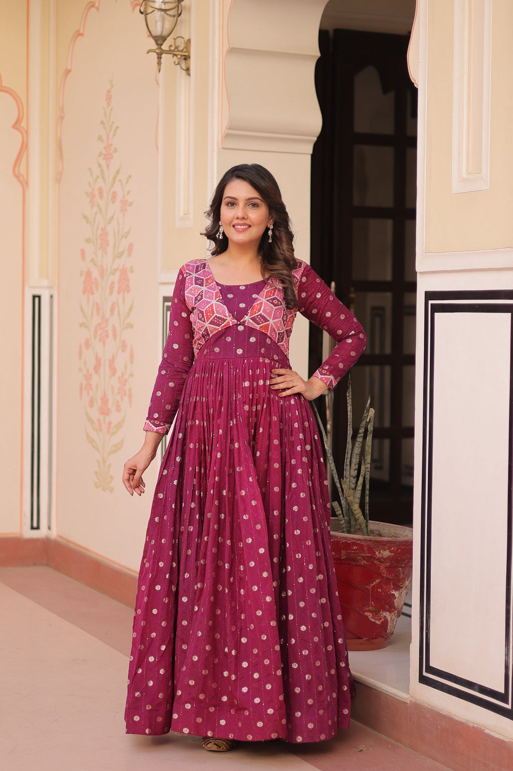 Prazu Fashion Wine Position Print Choli With Staple Jequard Weaving Work Gown | Grocsy
