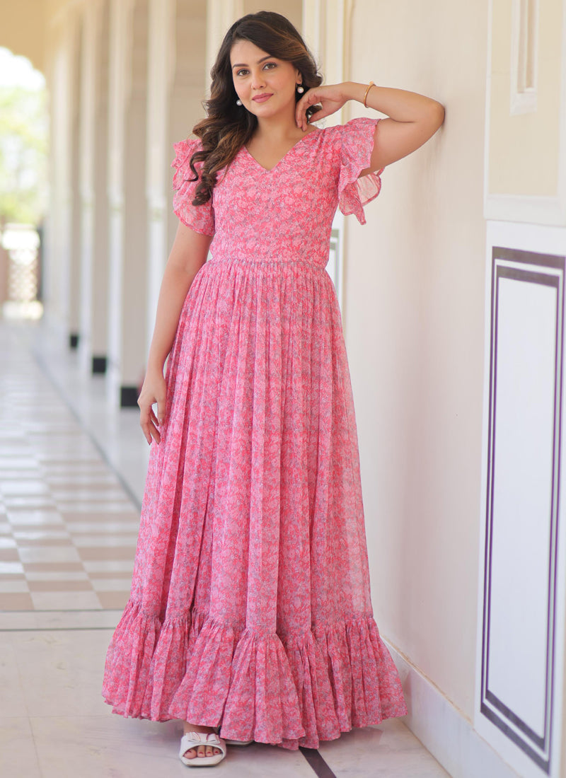Prazu Fashion Light Pink Georgette Printed Gown | Grocsy