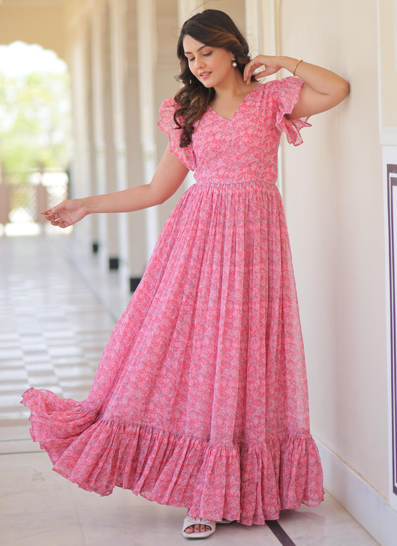Prazu Fashion Light Pink Georgette Printed Gown | Grocsy