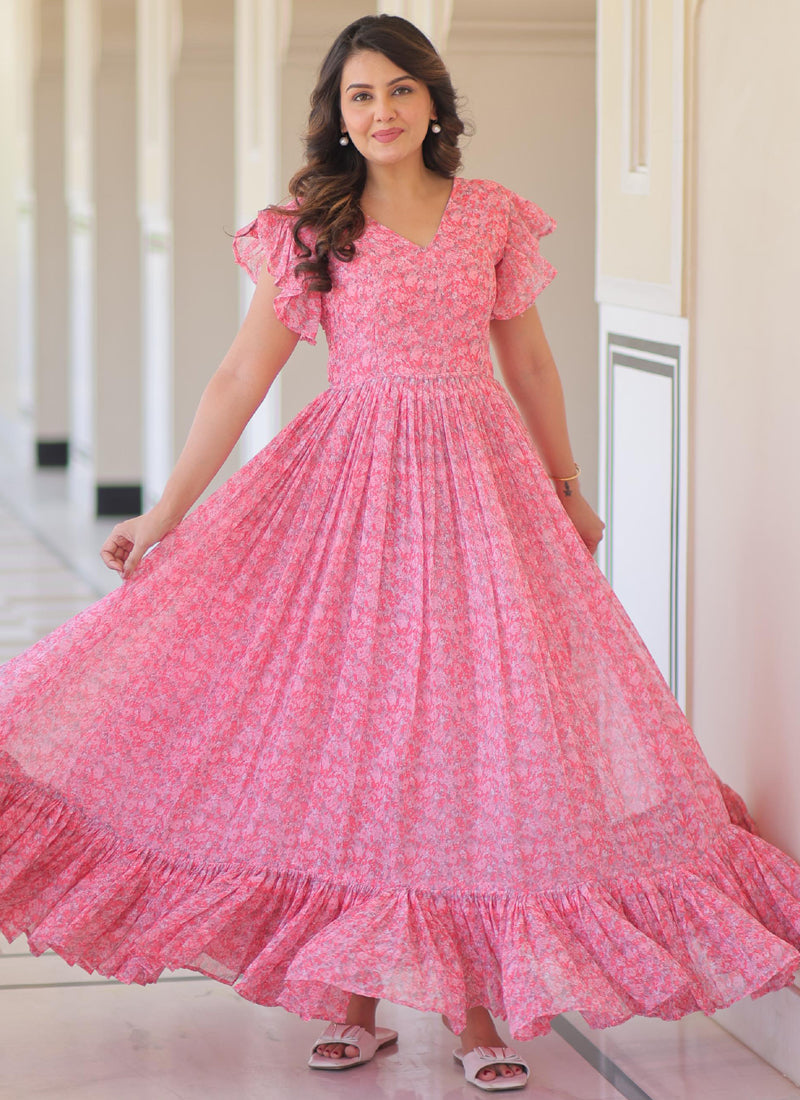 Prazu Fashion Light Pink Georgette Printed Gown | Grocsy