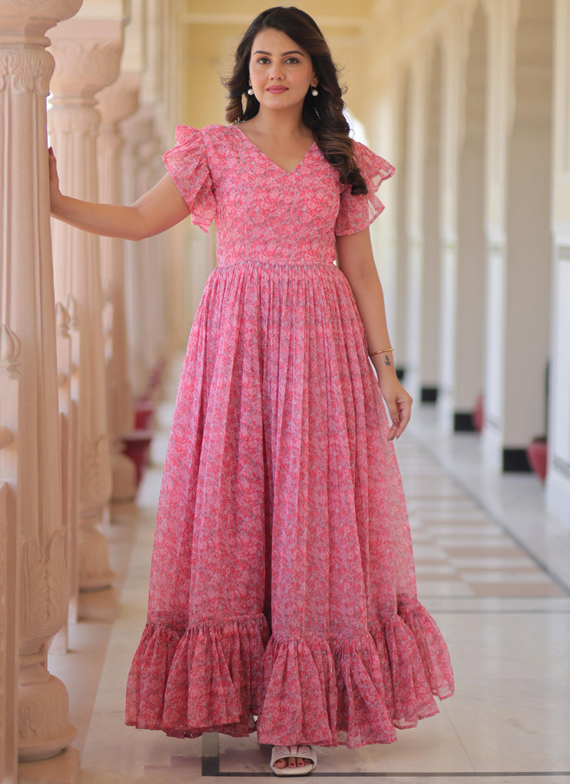 Prazu Fashion Light Pink Georgette Printed Gown | Grocsy