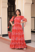 Prazu Fashion Red Georgette Printed Gown | Grocsy