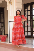 Prazu Fashion Red Georgette Printed Gown | Grocsy