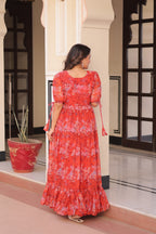 Prazu Fashion Red Georgette Printed Gown | Grocsy