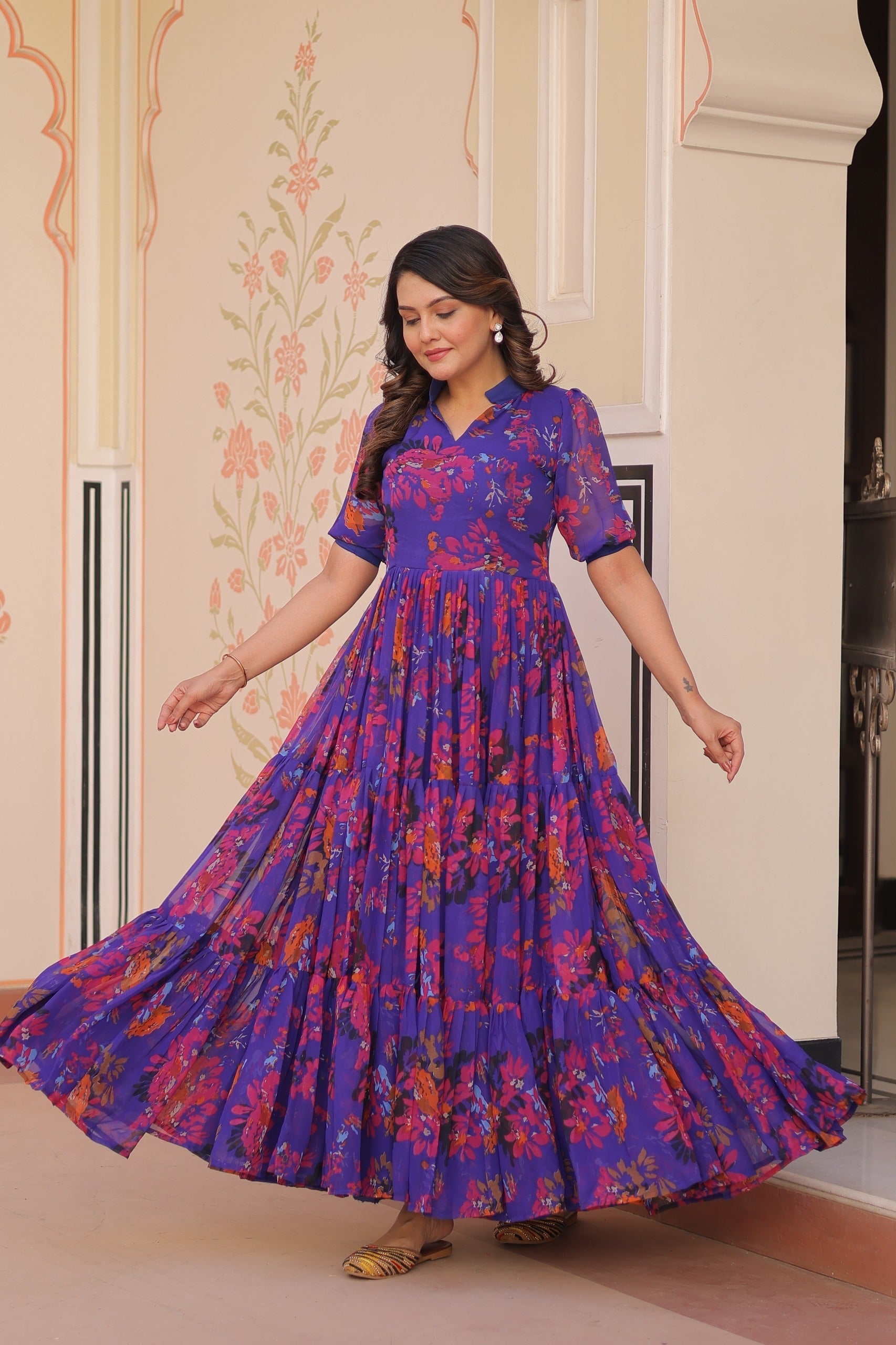 Prazu Fashion Violet Blue Georgette Printed Designer Gown | Grocsy