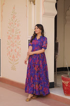 Prazu Fashion Violet Blue Georgette Printed Designer Gown | Grocsy