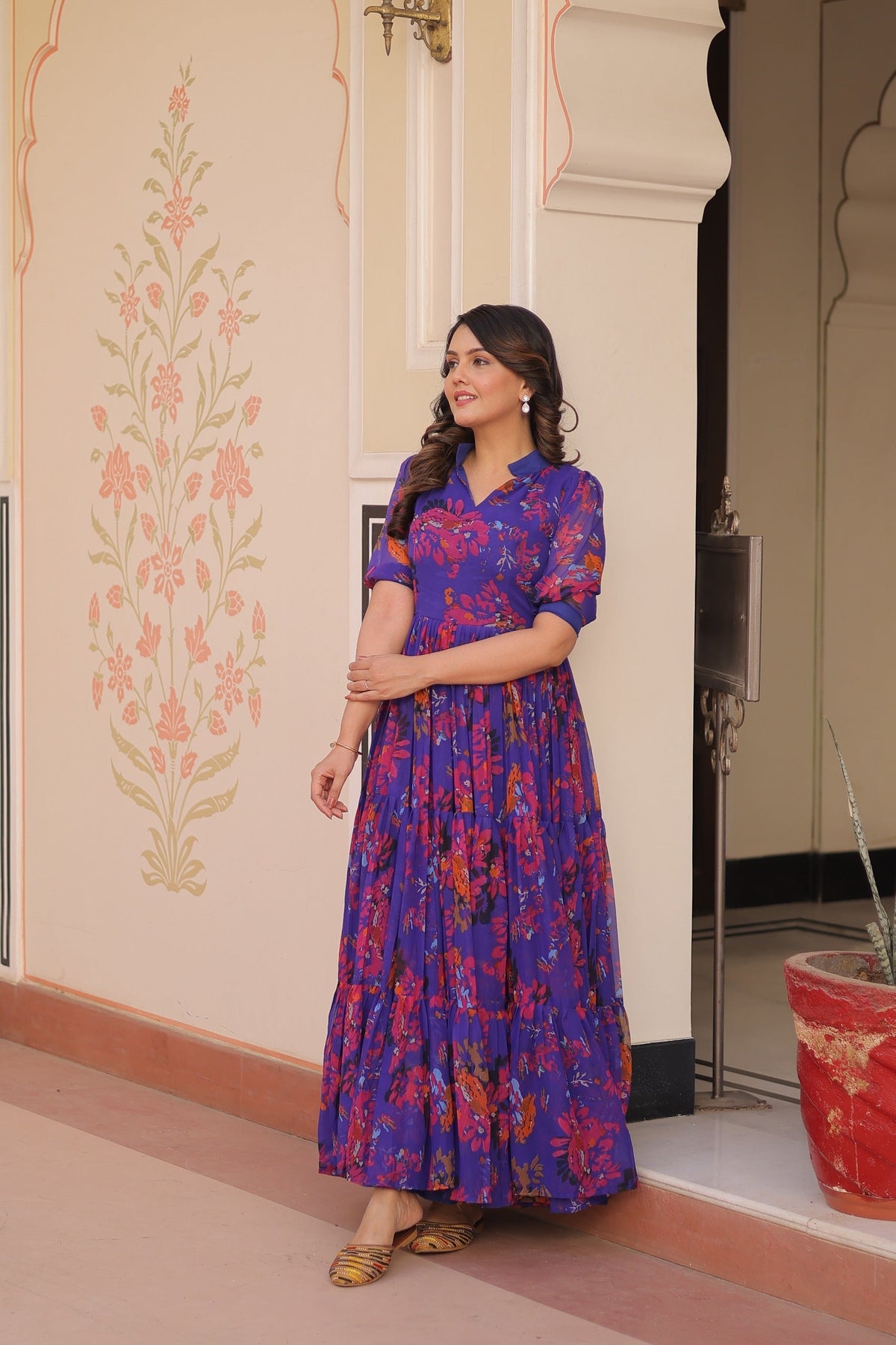 Prazu Fashion Violet Blue Georgette Printed Designer Gown | Grocsy
