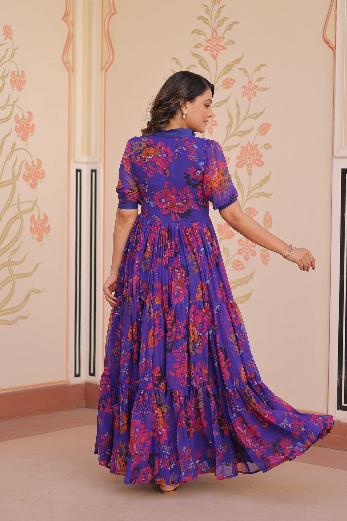 Prazu Fashion Violet Blue Georgette Printed Designer Gown | Grocsy