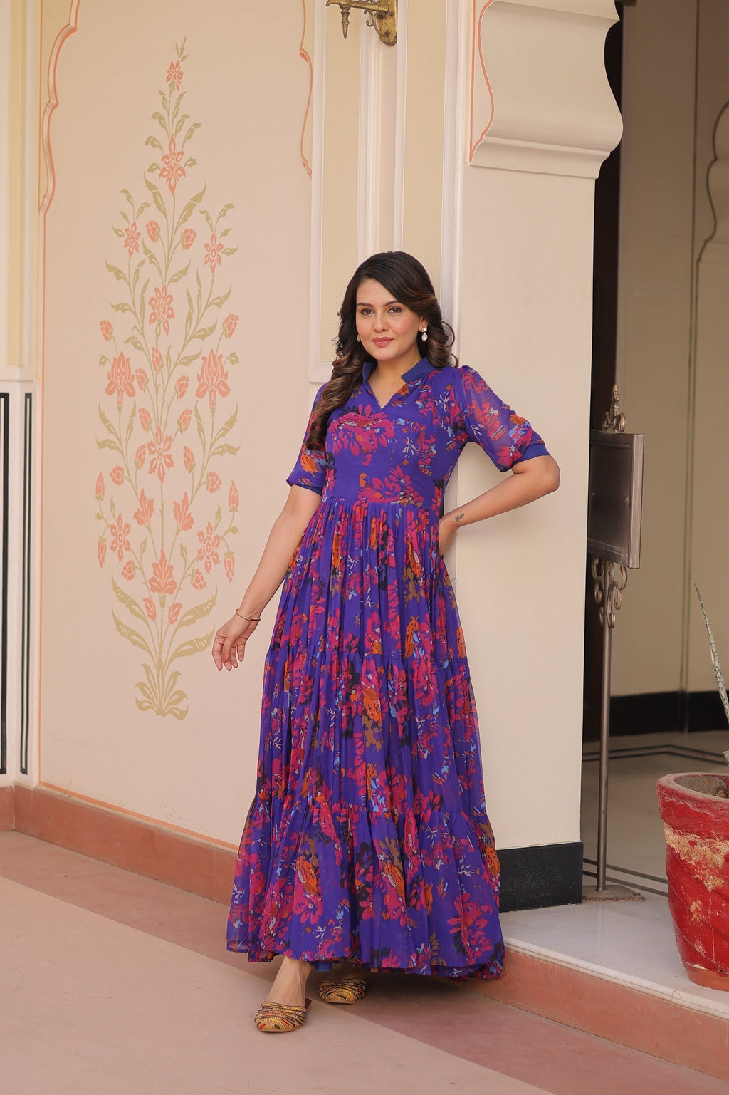 Prazu Fashion Violet Blue Georgette Printed Designer Gown | Grocsy