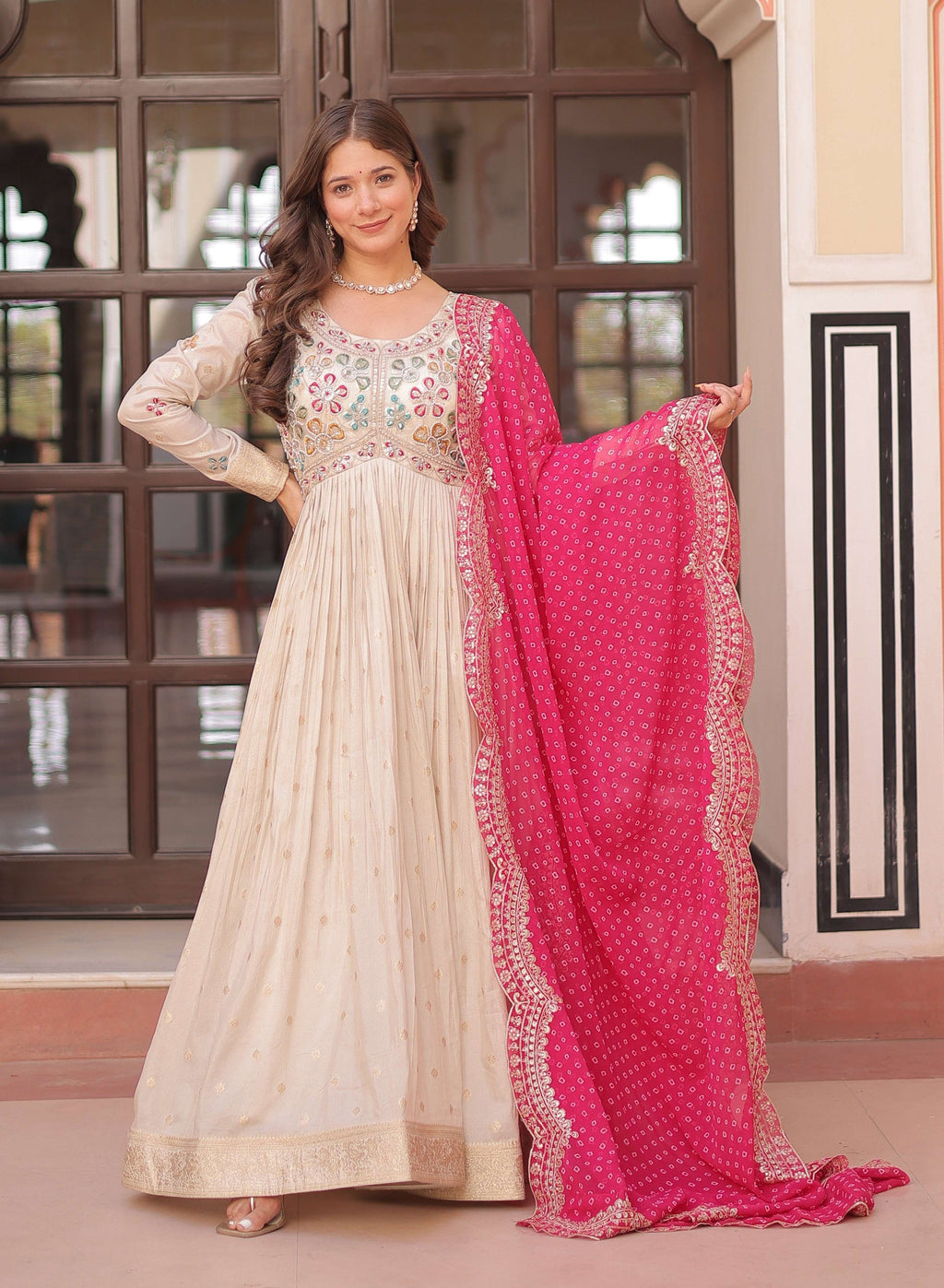 Vedant Vastram Russian Silk Embroidery & Sequence Work Stitched Ethnic Gown-Pink | Grocsy