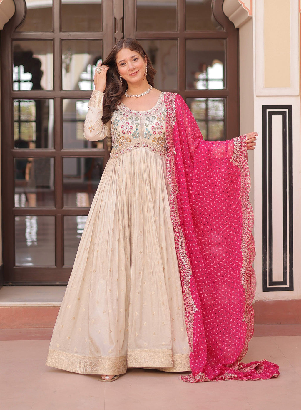 Vedant Vastram Russian Silk Embroidery & Sequence Work Stitched Ethnic Gown-Pink | Grocsy