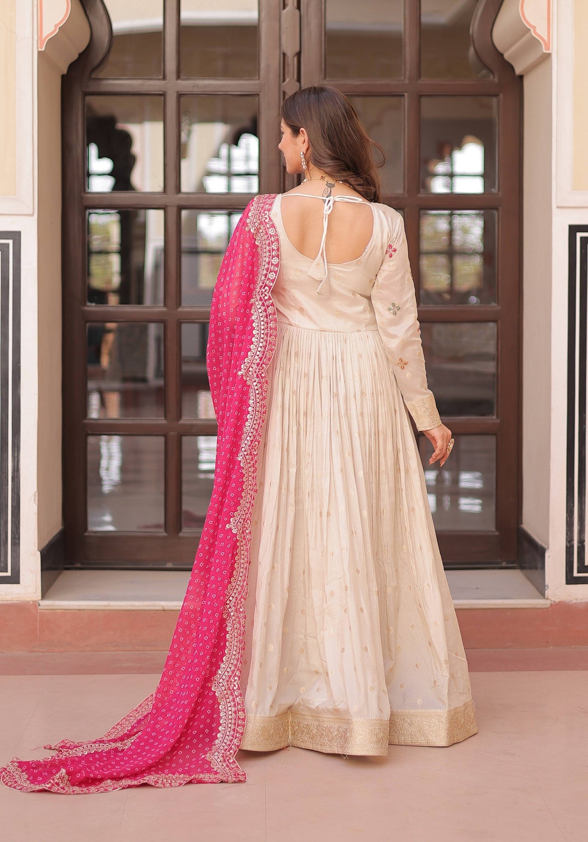 Vedant Vastram Russian Silk Embroidery & Sequence Work Stitched Ethnic Gown-Pink | Grocsy