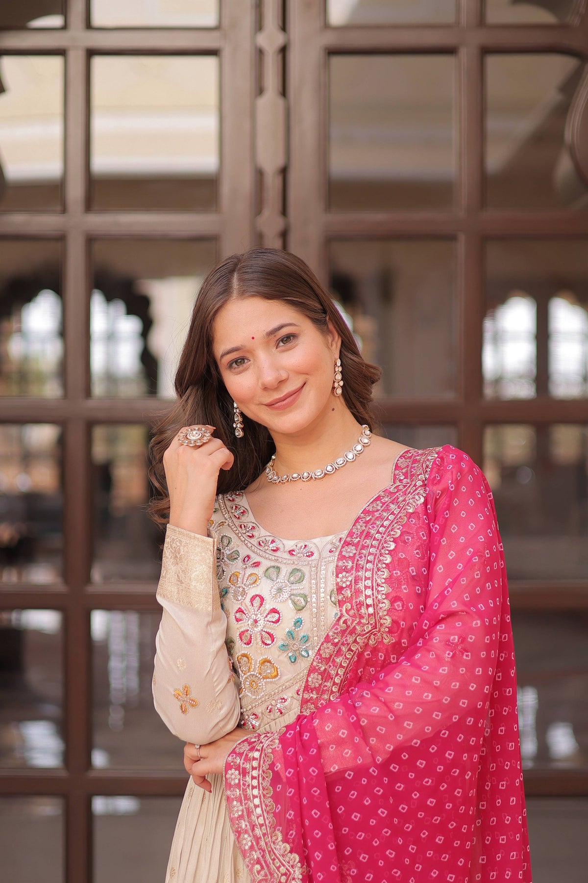 Vedant Vastram Russian Silk Embroidery & Sequence Work Stitched Ethnic Gown-Pink | Grocsy