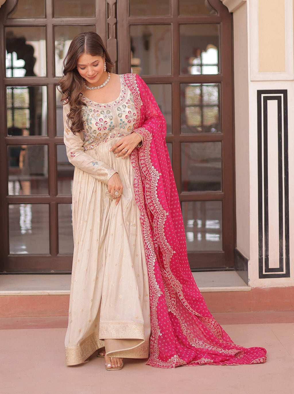 Vedant Vastram Russian Silk Embroidery & Sequence Work Stitched Ethnic Gown-Pink | Grocsy