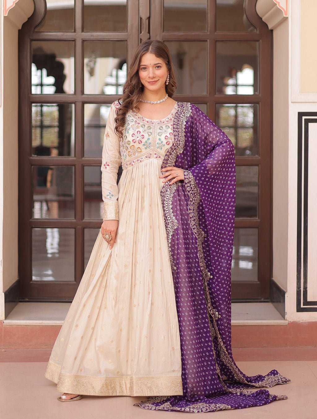 Vedant Vastram Russian Silk Embroidery & Sequence Work Stitched Ethnic Gown-Purple | Grocsy