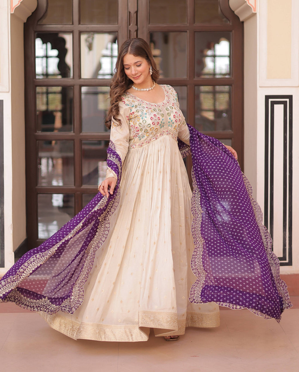Vedant Vastram Russian Silk Embroidery & Sequence Work Stitched Ethnic Gown-Purple | Grocsy