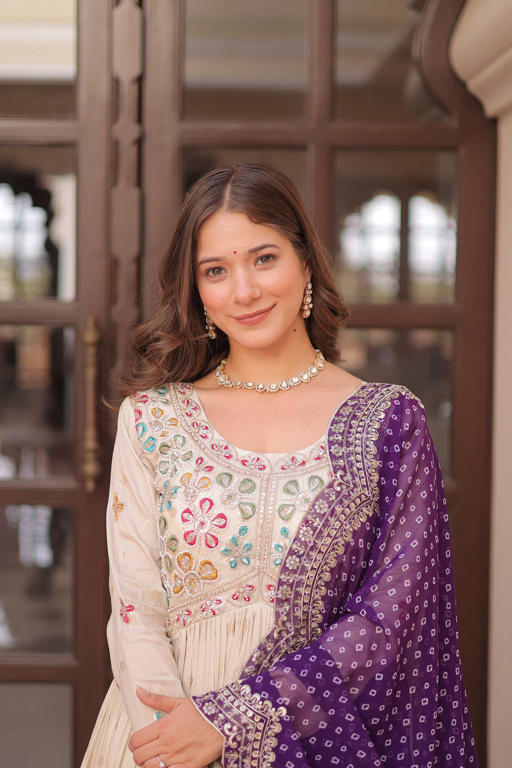 Vedant Vastram Russian Silk Embroidery & Sequence Work Stitched Ethnic Gown-Purple | Grocsy