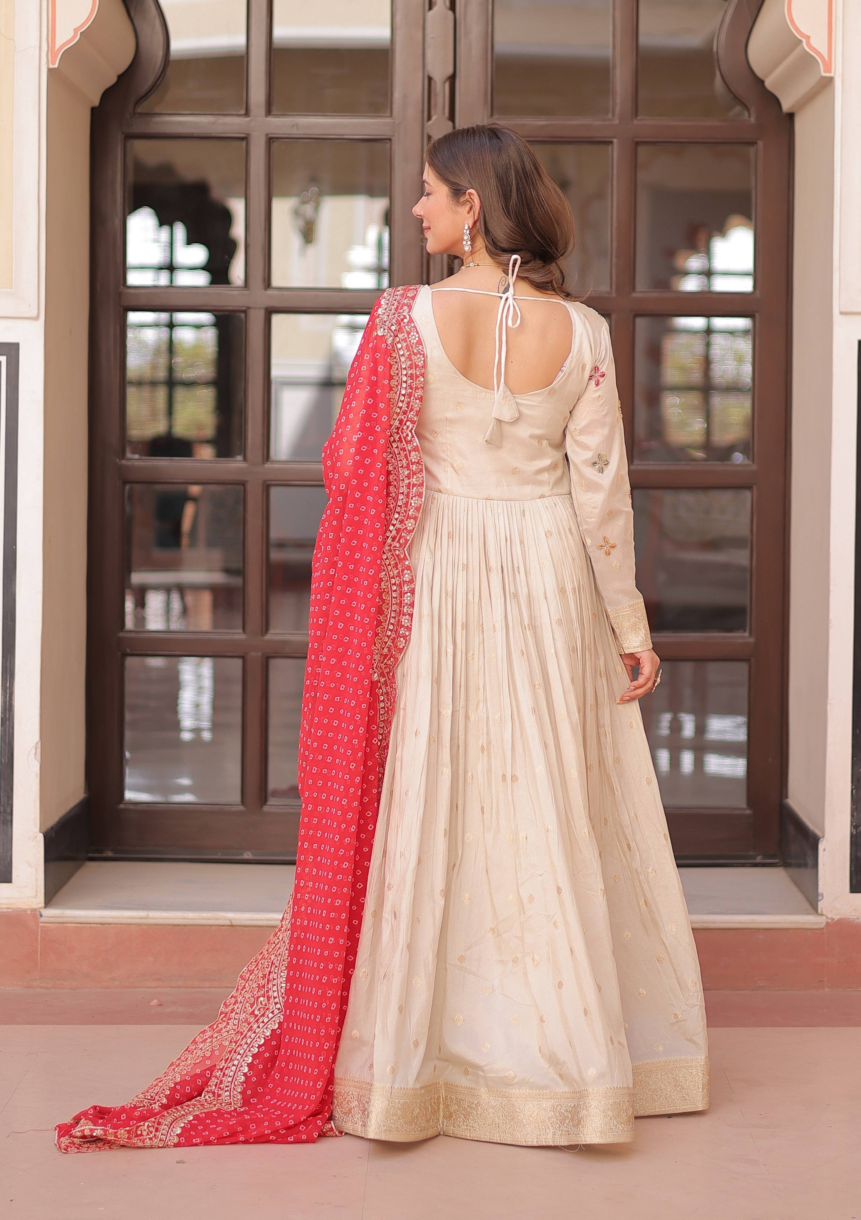 Vedant Vastram Russian Silk Embroidery & Sequence Work Stitched Ethnic Gown-Red | Grocsy
