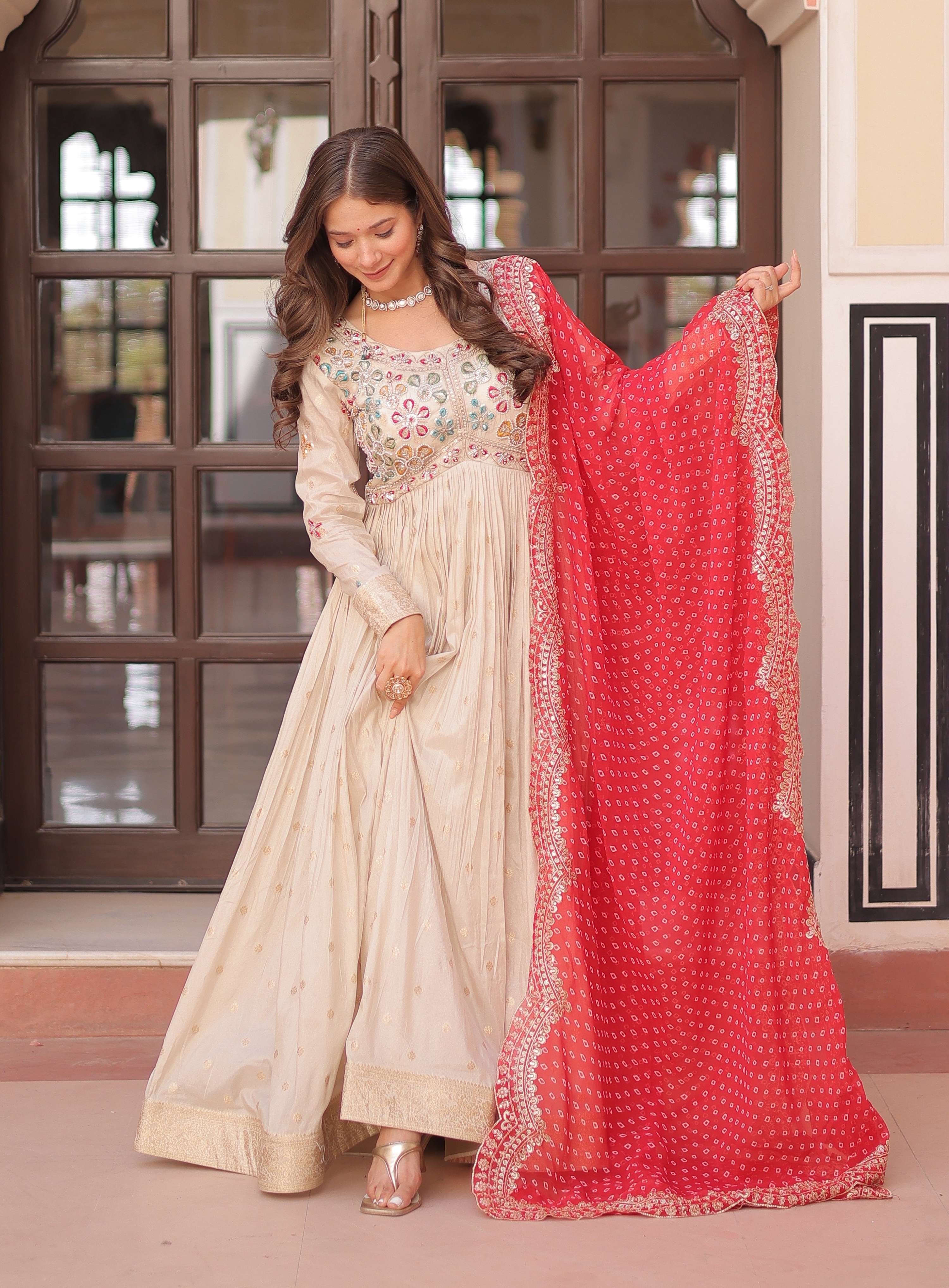 Vedant Vastram Russian Silk Embroidery & Sequence Work Stitched Ethnic Gown-Red | Grocsy