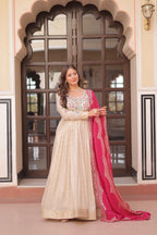 Prazu Fashion Cream Cosmos Weaving Jacquard Pearl Beads Embroidered Gown | Grocsy