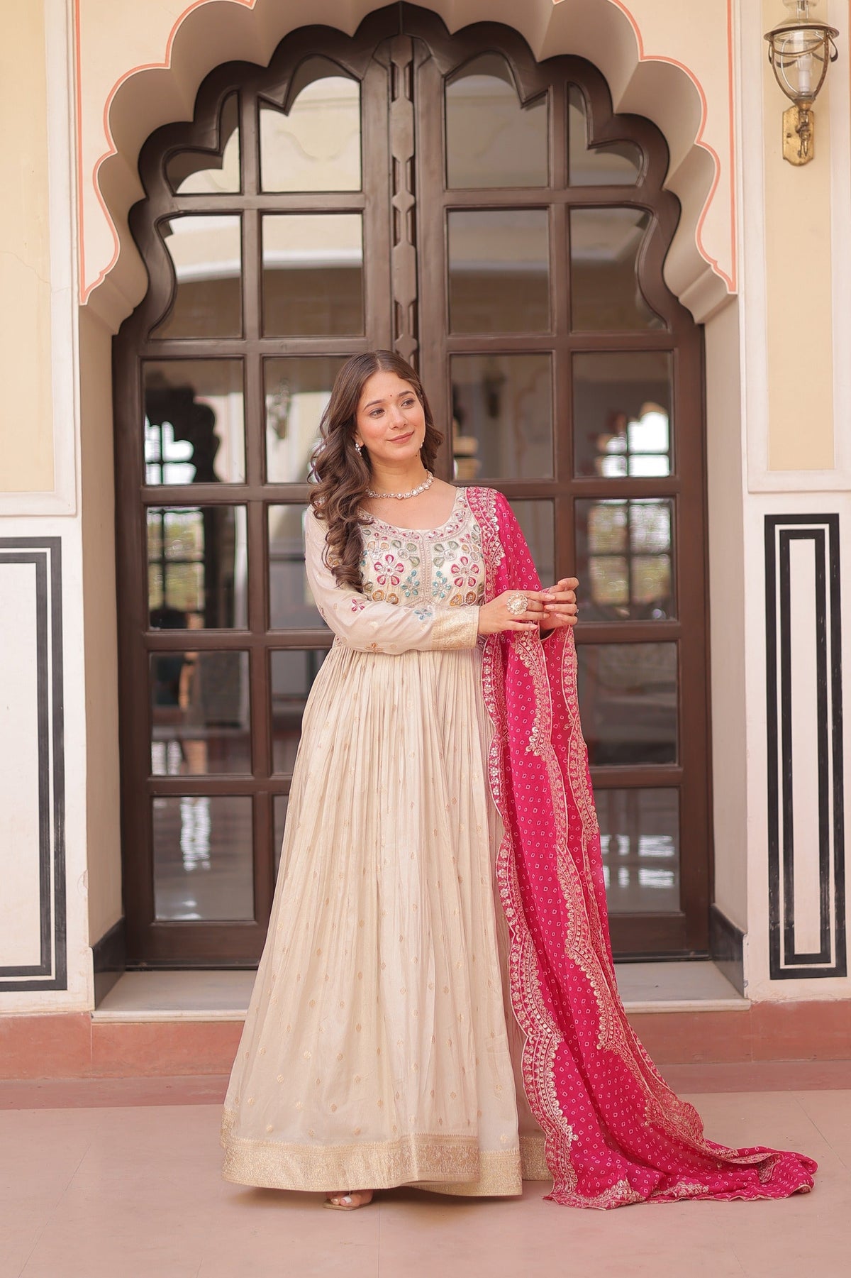 Prazu Fashion Cream Cosmos Weaving Jacquard Pearl Beads Embroidered Gown | Grocsy