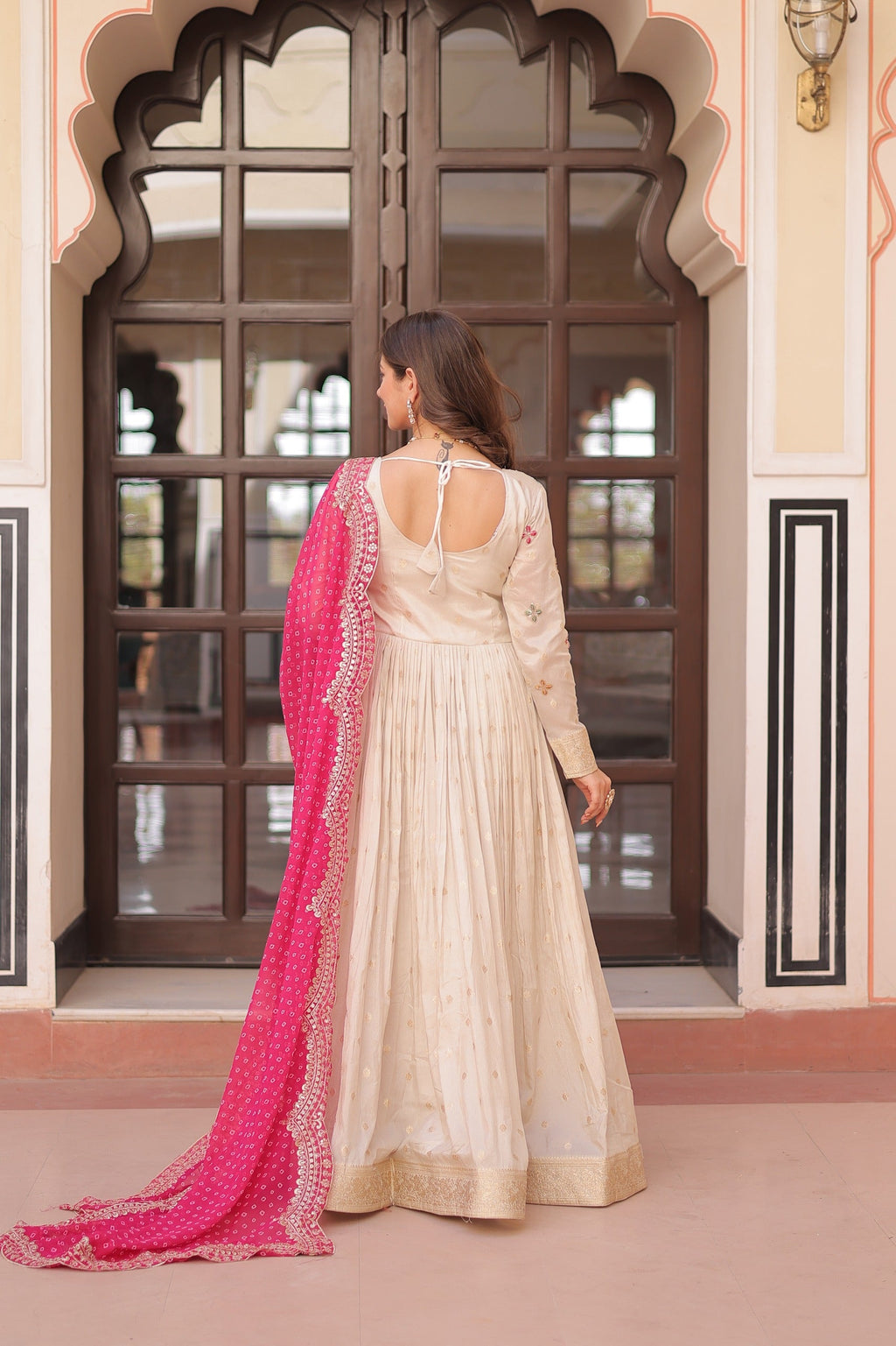 Prazu Fashion Cream Cosmos Weaving Jacquard Pearl Beads Embroidered Gown | Grocsy