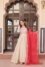Prazu Fashion Cream Cosmos Weaving Jacquard Pearl Beads Embroidered Gown | Grocsy