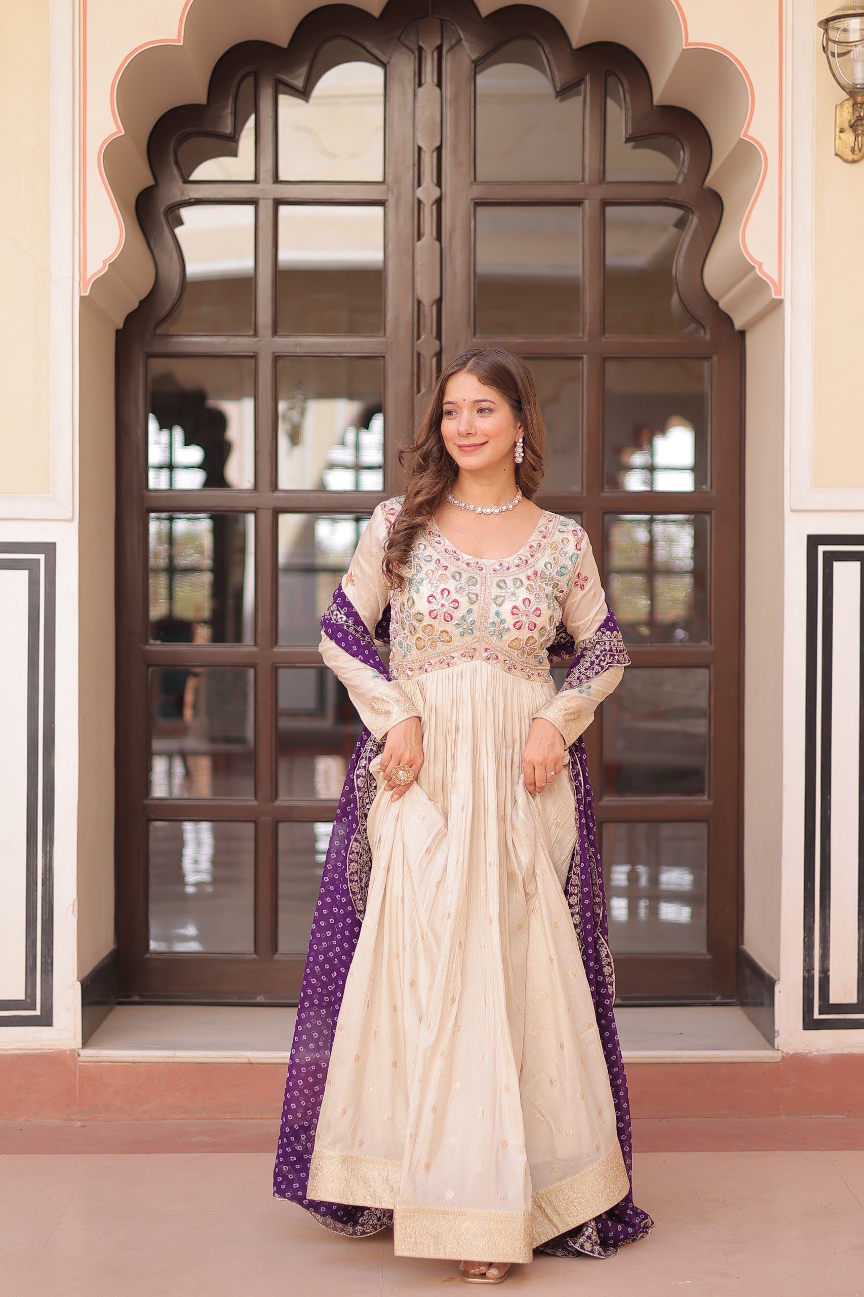 Prazu Fashion Cream Cosmos Weaving Jacquard Pearl Beads Embroidered Gown | Grocsy
