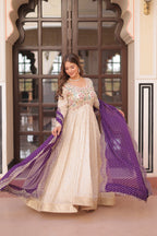 Prazu Fashion Cream Cosmos Weaving Jacquard Pearl Beads Embroidered Gown | Grocsy