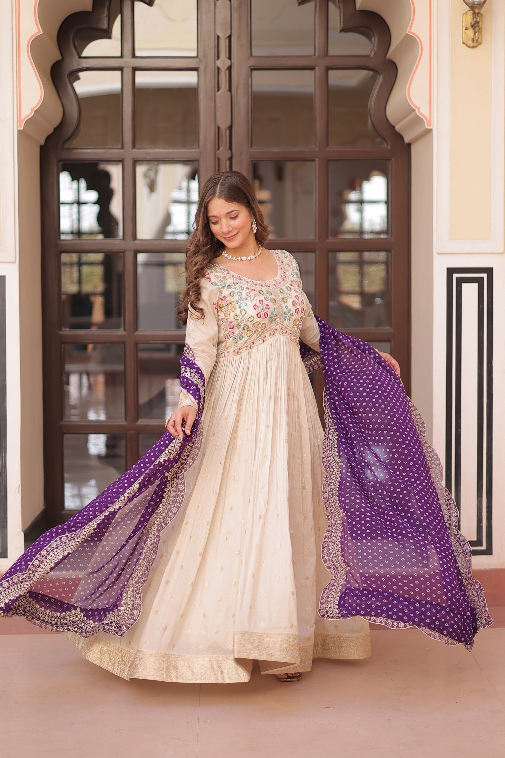 Prazu Fashion Cream Cosmos Weaving Jacquard Pearl Beads Embroidered Gown | Grocsy