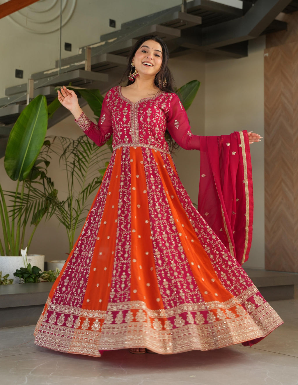 Vedant Vastram Georgette Embroidery & Sequence Work Stitched Ethnic Gown-Pink | Grocsy