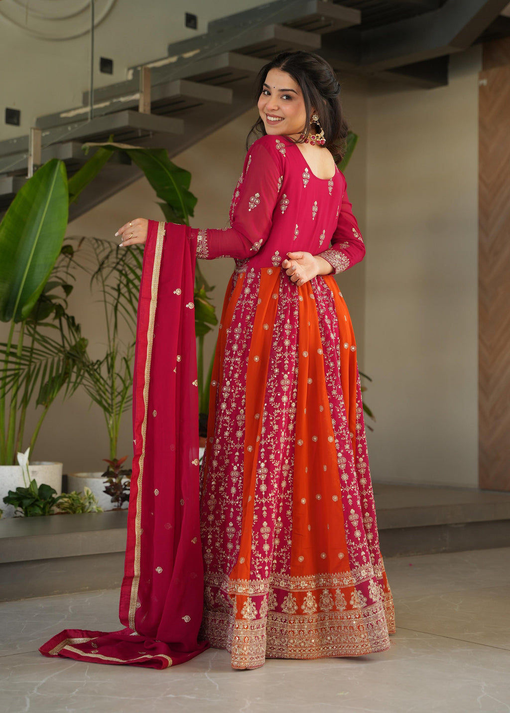Vedant Vastram Georgette Embroidery & Sequence Work Stitched Ethnic Gown-Pink | Grocsy