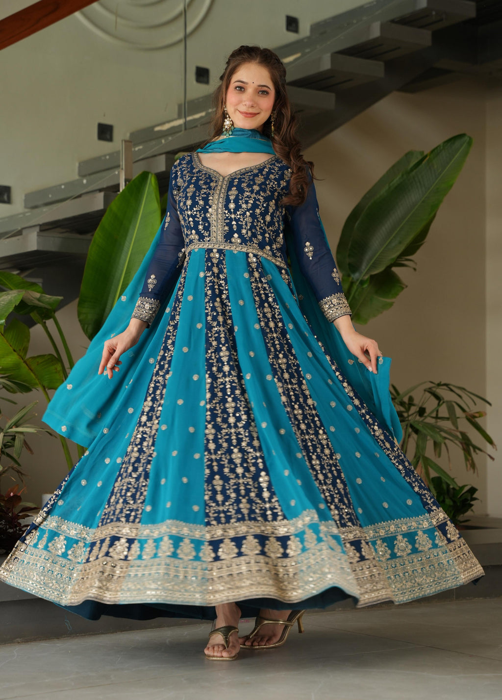 Vedant Vastram Georgette Embroidery & Sequence Work Stitched Ethnic Gown-Rama | Grocsy
