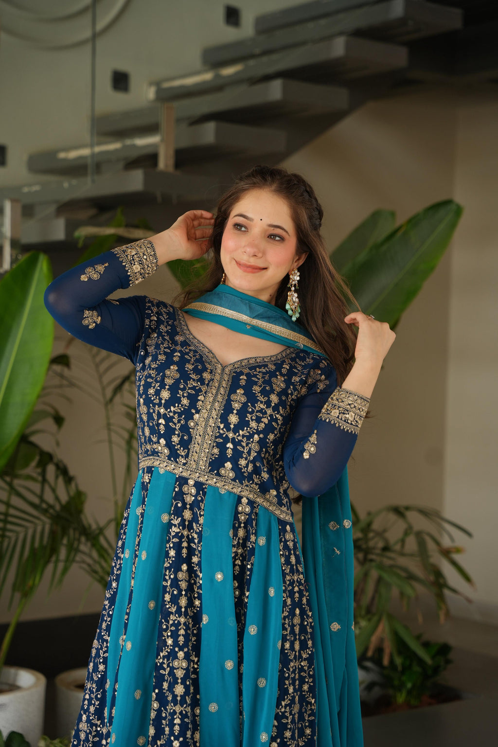 Vedant Vastram Georgette Embroidery & Sequence Work Stitched Ethnic Gown-Rama | Grocsy