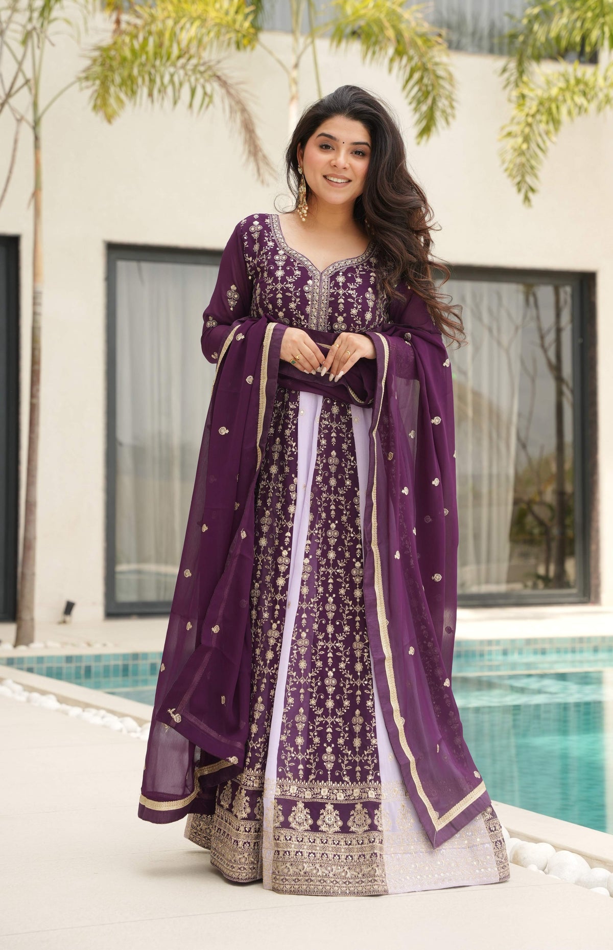 Vedant Vastram Georgette Embroidery & Sequence Work Stitched Ethnic Gown-Wine | Grocsy