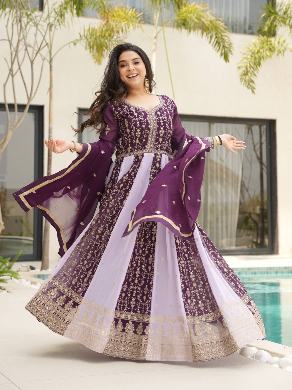 Vedant Vastram Georgette Embroidery & Sequence Work Stitched Ethnic Gown-Wine | Grocsy
