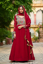 Prazu Fashion Maroon Georgette Embroidered Gown With Dupatta | Grocsy