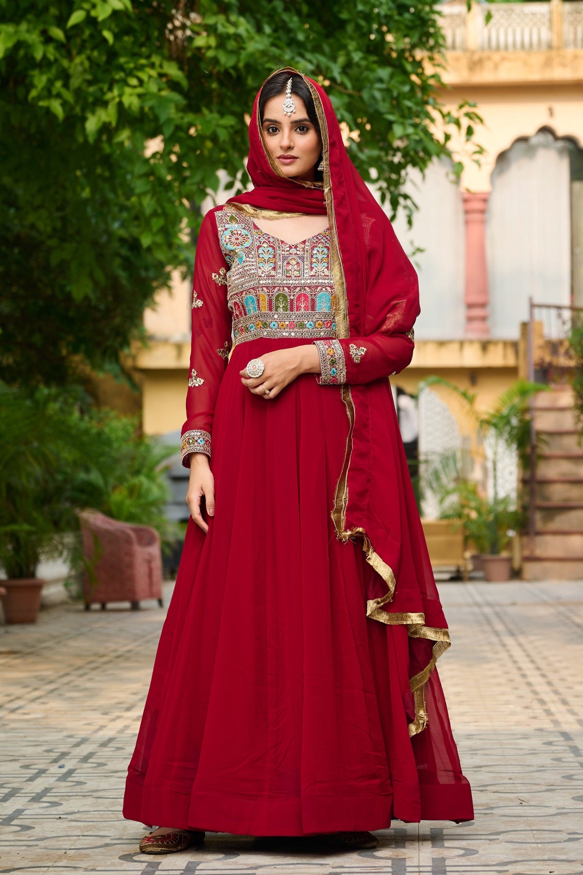 Prazu Fashion Maroon Georgette Embroidered Gown With Dupatta | Grocsy