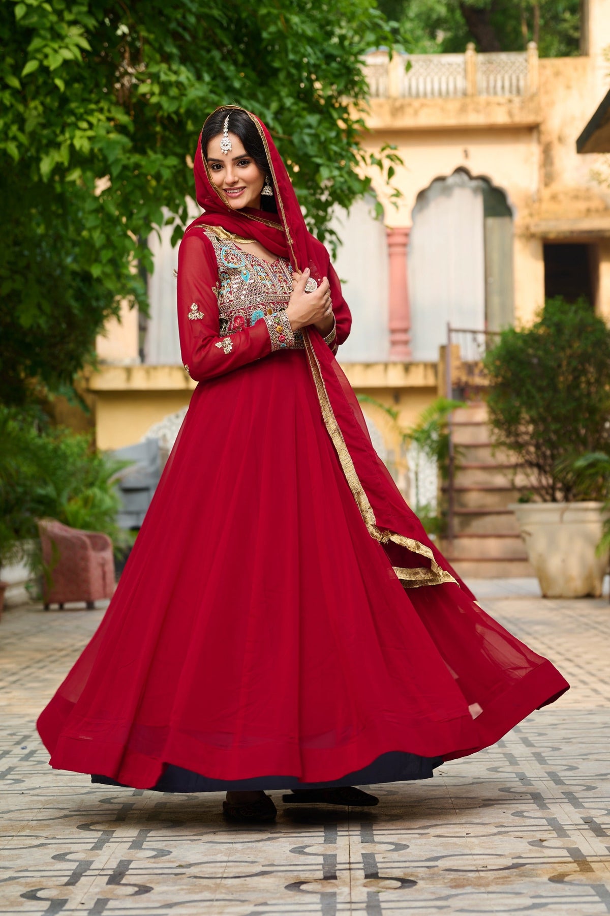Prazu Fashion Maroon Georgette Embroidered Gown With Dupatta | Grocsy