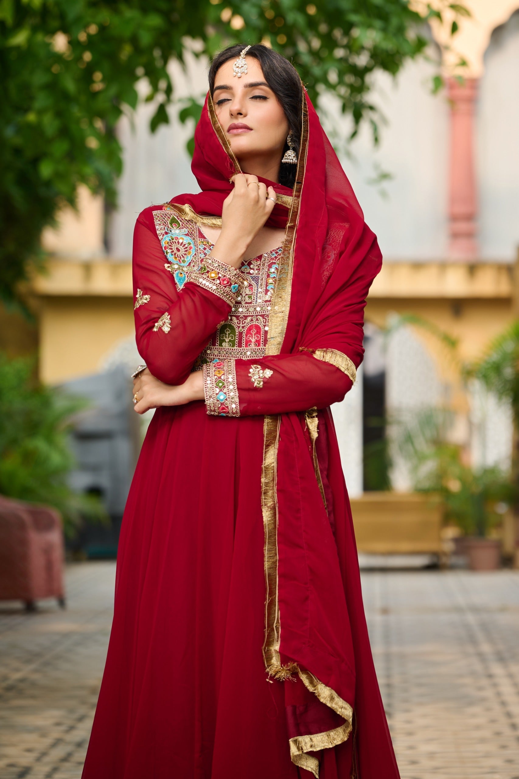 Prazu Fashion Maroon Georgette Embroidered Gown With Dupatta | Grocsy