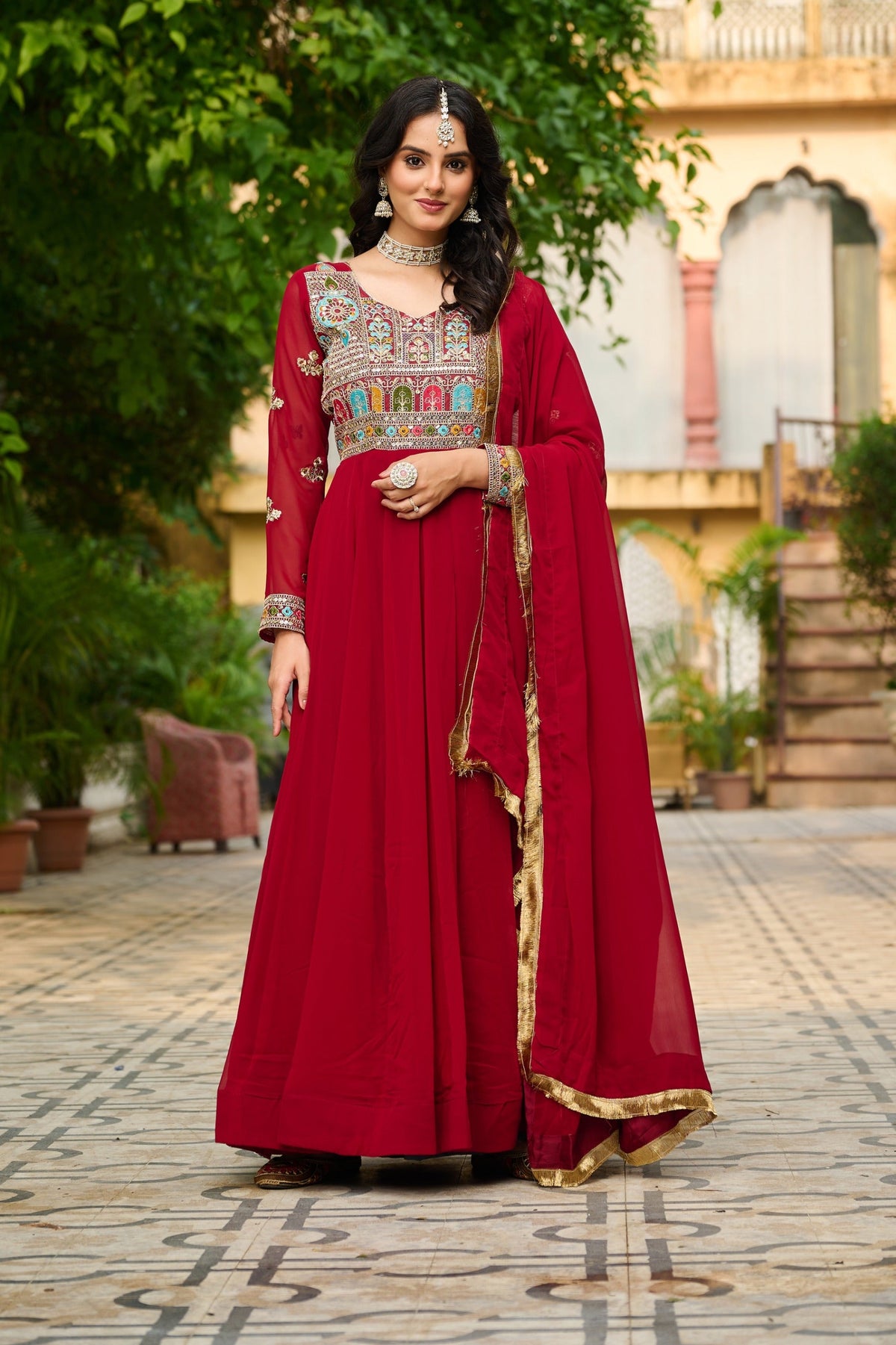 Prazu Fashion Maroon Georgette Embroidered Gown With Dupatta | Grocsy