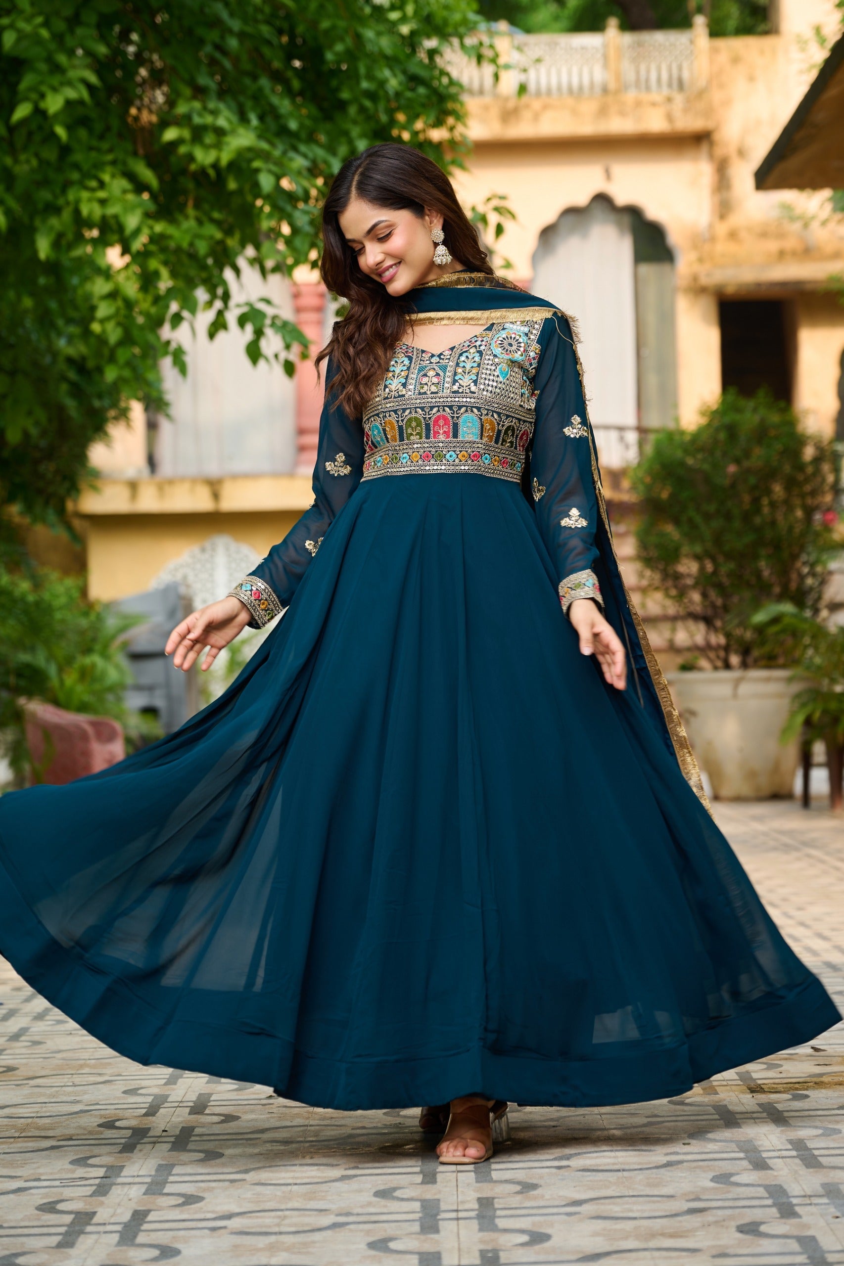 Prazu Fashion Rama Georgette Embroidered Gown With Dupatta | Grocsy