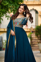 Prazu Fashion Rama Georgette Embroidered Gown With Dupatta | Grocsy