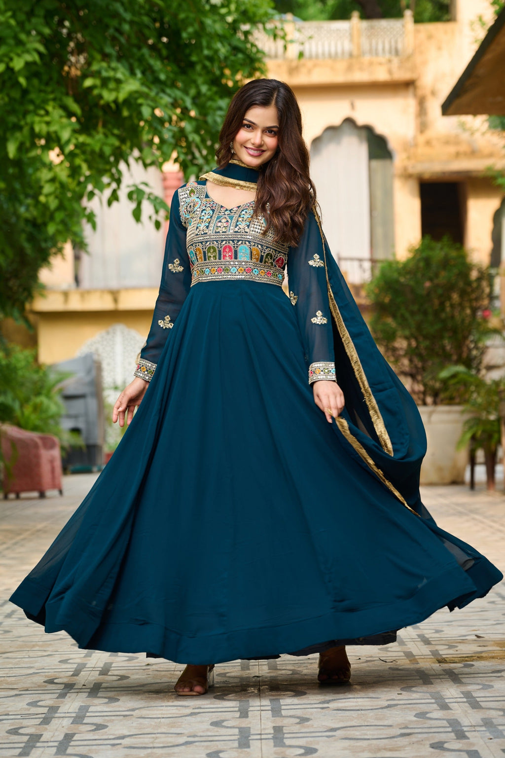 Prazu Fashion Rama Georgette Embroidered Gown With Dupatta | Grocsy