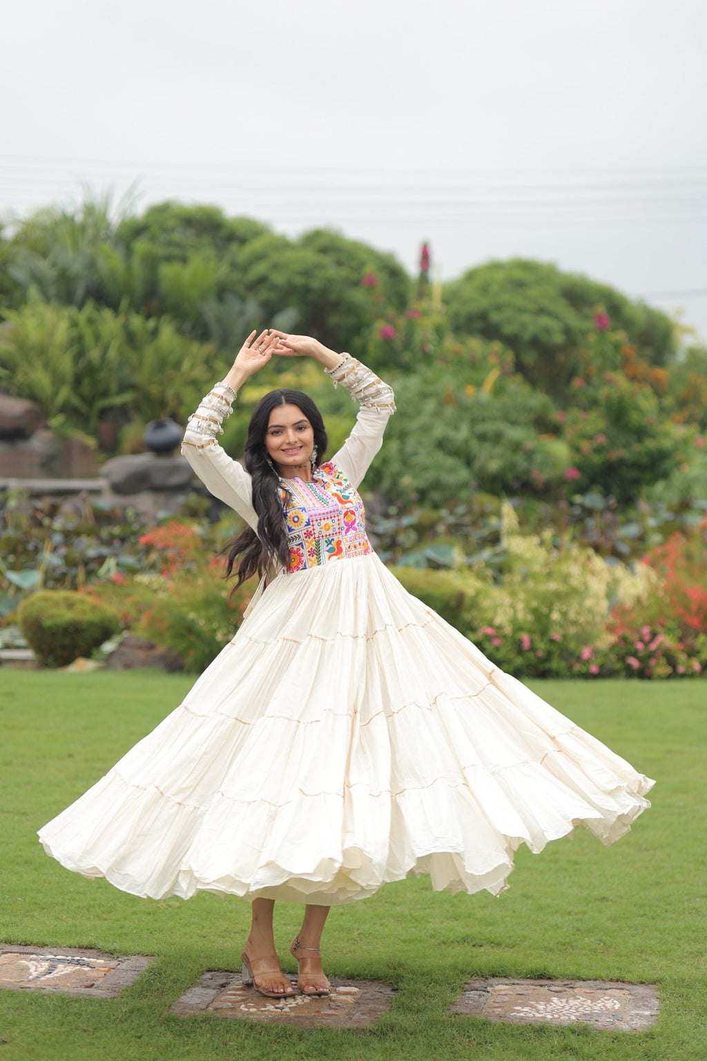 Prazu Fashion Off White Cotton Thread Embroiderd Navratri Gown | Grocsy