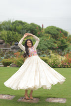 Prazu Fashion Off White Cotton Thread Embroiderd Navratri Gown | Grocsy